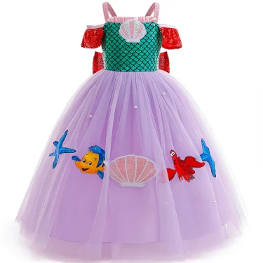 Little Girls Mermaid Princess Dress Kids Ariel Costume Children Birthday Theme Party Outfits Child Luxury Fluffy Elegant Gown 2