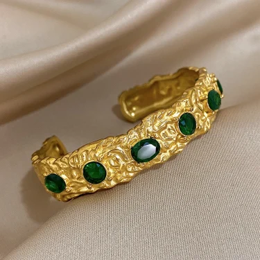 Vintage Green Zircon Stainless Steel Cuff Bracelet Chunky Geometric Textured Gold Plated Waterproof Open Bangles Jewelry Gifts 2