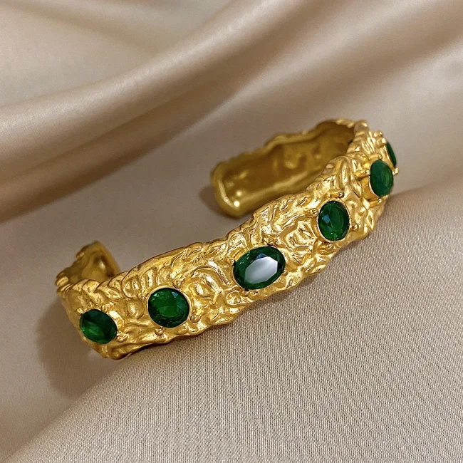 Vintage Green Zircon Stainless Steel Cuff Bracelet Chunky Geometric Textured Gold Plated Waterproof Open Bangles Jewelry Gifts 2