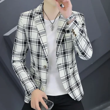 2025 High-quality Fashion Handsome Casual Business Plaid Suit Men's Coat Suit Slim-fit Blazer Slim Masculimo Mens Blazer Jacket 4