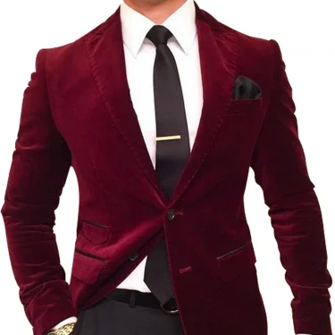 Men's Burgundy Velvet Blazer Two Buttons Peak Lapel Coat Business Dinner Prom Jacket Only One Coat 1