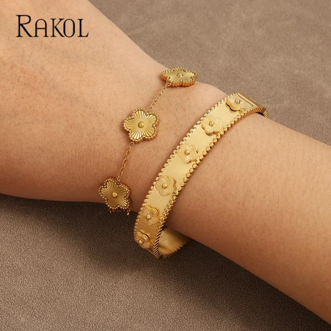 RAKOL Gold Color Stainless Steel Hot Selling Plumbossom Bangles For Women Luxury Five Leaf Flower Bracelet Bangle Jewelry Gift 2