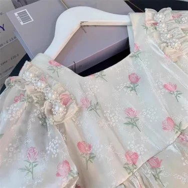 2 3 4 5 6 8 Years Girls Princess Dress Summer New Full Print Flowers Puff Sleeve Bow Mesh DresseTutu Birthday Party Gown 3