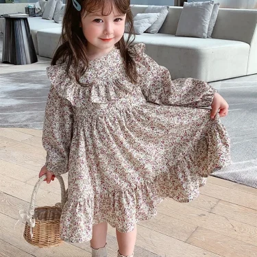 2025 Spring Autumn Girls Dress Floral Korean Long Sleeve Children Girls Dress Ruffle Cotton Baby Girls Princess Dress 4