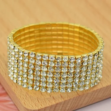 Classic Multiple Shining Rhinestone Crystal Stretch For Women Girls Bridal Wedding Wristband Elastic Bracelet Gold Silver Color 2