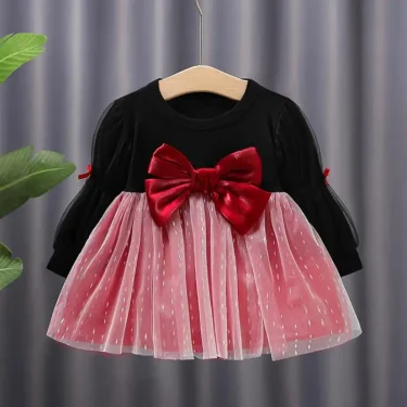Children's Korean version dress girls' spring and autumn fashion long sleeved bow mesh dress baby's birthday dress 0-4Y 2
