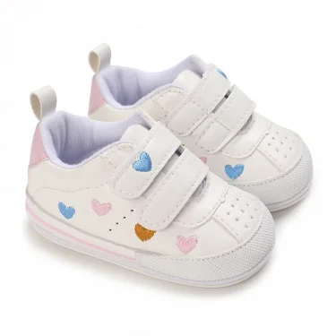 White Baby Shoes Girls Cute Heart Embroidery Sneakers Soft Sole Non-slip Infant Walking Baptism 1