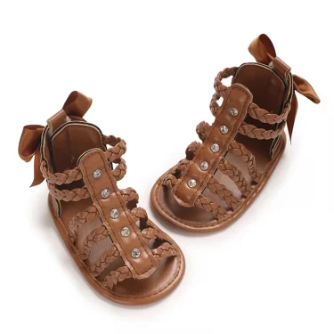 Baby Girl Sandals, PU Leather Braided Non-slip Bowknot Summer Flats Toddler Shoes for Casual Daily 6