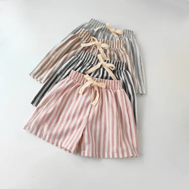 Children's Clothing Linen Cotton Shorts Summer Girls Boys Stripe Pants Kids Baby Casual Vintage Loose Short Pant Girl Clothes 4