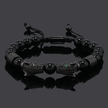 Luxury Black Stone Beads Man Bracelet Leopard Head Charms Women Bracelets Couple Jewelry Valentine's Day 2