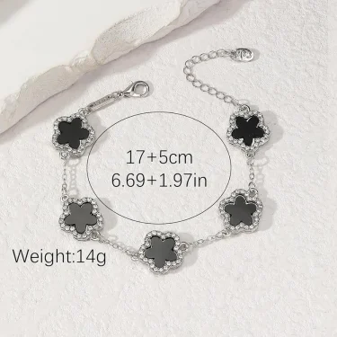 Double Sided Women's Hand Bracelets Elegant Clover Bracelet Alloy 5-Petal Rhinestone Inlaid Suitable For Women's Daily Wear 3