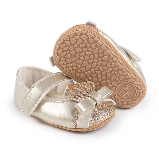MISOWMNJOY Sequin Baby Girls Shoes Princess Newborn Mary Jane Flats Glitter Crown Bow Dress Shoes Non-Slip Newborn Crib Shoes 6