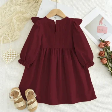 Plain Casual Girls Dress Autumn Long Sleeved Pleated Kids Dresses for Girls Pink Clothes Fashionable New Children's Clothing 4