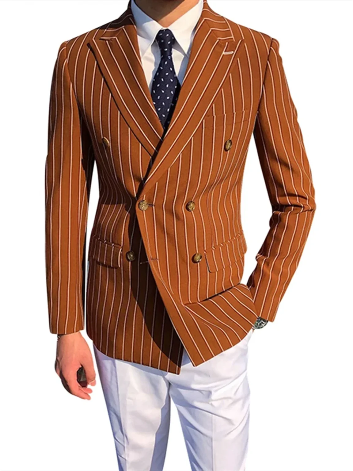 1 PCS Brown Striped Men Suits Blazer Wedding Groom Tuxedo Jacket Formal Double Breasted Party Prom Coat 1
