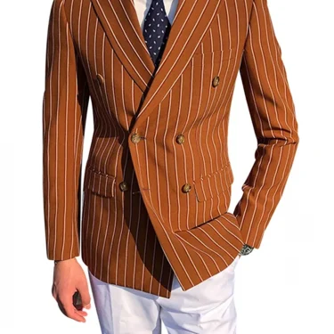 1 PCS Brown Striped Men Suits Blazer Wedding Groom Tuxedo Jacket Formal Double Breasted Party Prom Coat 1