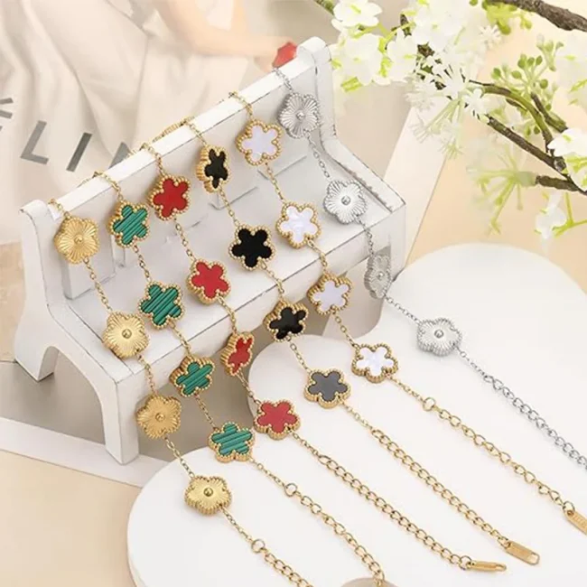 Lucky Clover Women's Hand Bracelets Double Sided Flowers Jewellery Gifts Stainless Steel Bracelet Gold Plated Bracelets Man 3