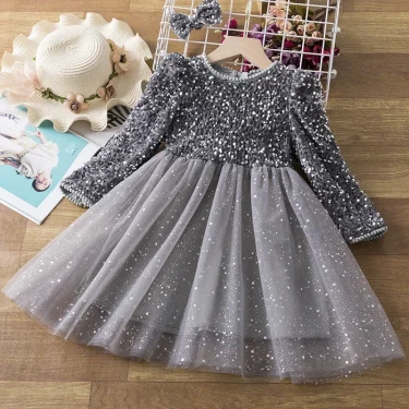 Sequins Girls Princess Party Dresses for 3-8Yrs Kids Birthday Wedding Evening Prom Gown Fall Winter Long Sleeve Children's Dress 5