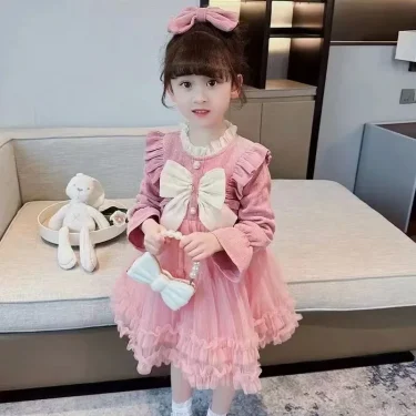 Girls Dress Autumn Girl Red Fluffy Skirt 3-8 Year Old Children Long Sleeved Dress Fashionable Bow Tie Pink Gauze Skirt 6