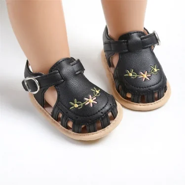 Newborn Infant Baby Girl PU Leather Embroidery Flower Sandals Summer Soft Sole Flat Princess Shoes Infant Non-Slip First Walkers 6