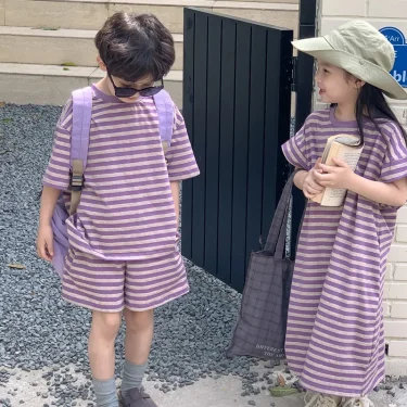 MILANCEL Summer Kids Clothing Set Striped Tee And Shorts Boys Casual Suit Girl Long Dress Brother And Sister Clothes 5