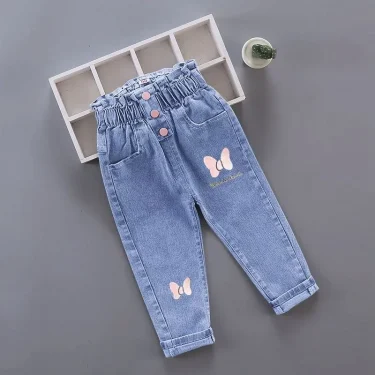 Winter Baby Girls Plush Denim Pants Toddler Kids Cartoon Butterfly Printing Jeans Children Fashion Leisure Keep WarmTrousers1-6Y 3