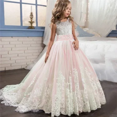 6-14 Years Lace Tulle Flower Girl Dresses Flower Bows Children First Communion Ball Gown Wedding Party Bridesmaid Dress for Kids 4
