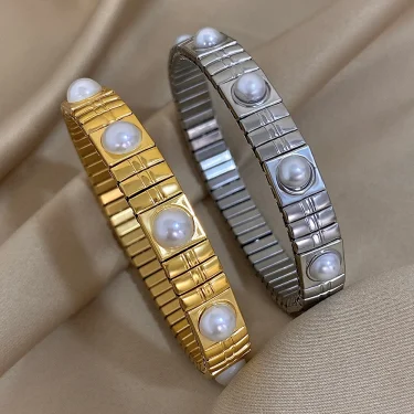 Imitation Pearls Elasticity Bracelets Stainless Steel Elastic Scalable Bangles for Women Cuff Wristband Waterproof Jewelry 1