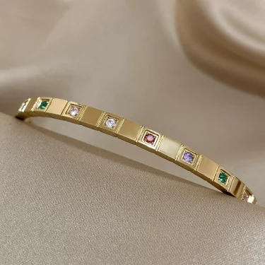 New Inlaid Square Small Colored Zircon Stainless Steel Bangle Bracelet for Women Luxury Gold Plated Cubic Zirconia Bracelets 6