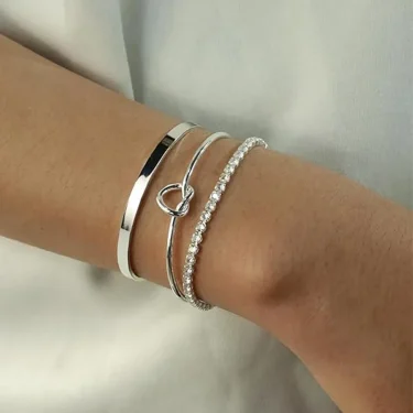 3pcs Stainless Steel Stack Cuff Bracelets for Women 14K Silver Plated Adjustable Jewelry Gifts Luxury CZ Chain Love Knot Bangles 1
