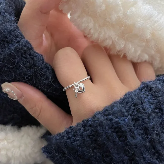 Foxanry Silver Color Love Heart Key Pendant Rings For Women Girls Creative Trendy Simple Sweet Elegant Anniversary Jewelry Gifts 5