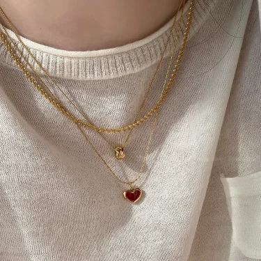 2025 Mothers Day Red Heart Pendant Stainless Steel Gold Color Chain Necklace for Women Non Fading Jewelry Sweet Accessories Gift 3