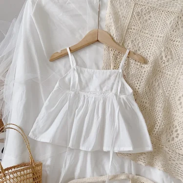 2025 New Summer Kids Girls Sweet Sling Sleeveles T-shirt Children Clothing Comfort Short Tops Toddler Cute Solid Color Bow Vest 5