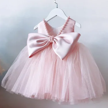 Toddler Baby Girl Dress for 1st Birthday Christening Party Gown Backless Big Bow Beading Wedding Princess Dress Baptism Clothes 1