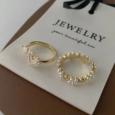 New Korean Retro Simple Elegant Shell Pearl Love Flower Opening Rings For Women Fashion Sweet Jewelry Accessories 2