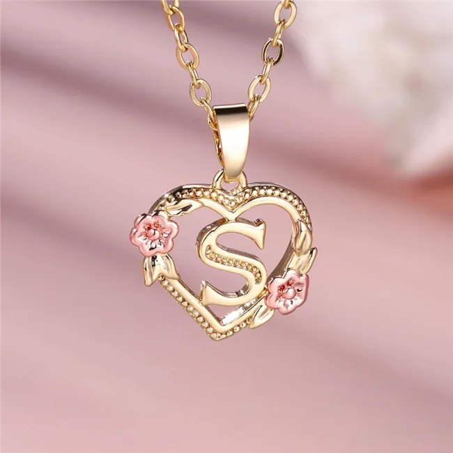 Female A-Z Letter Flower Pendant Necklace Yellow Gold Color Wedding Jewelry Gift For Women 6
