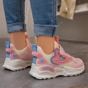 Girls Sports Shoes Kids Running Shoes Pink Breathable Air Mesh Heart Sweet Sneakers Cute Hook & Loop Children's Casual Shoes 2