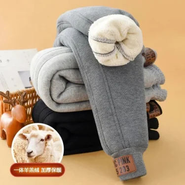 2025 Children Thick Cotton Pants Winter Boys Girls Padded Plush Velvet Trousers Big Kids Lamb Wool Warm Snow Pants 4-14 Years 1