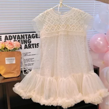 New Girls Princess Dress Casual Spring Summer Children's Wear Korean Pearl Neck Princess Dress Fashion Yarn Dress 1