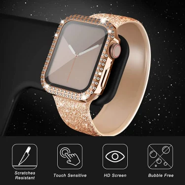 Cover For Apple watch Case 45mm 41mm 44mm 40mm 38mm 42mm Diamond Tempered Glass Screen Protector iWatch series 9 7 SE 6 8 5 4 3 4
