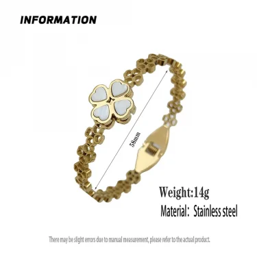 New four leaf clover white shell stainless steel gold plated bracelet, high quality waterproof silver bracelet, wedding jewelry 6