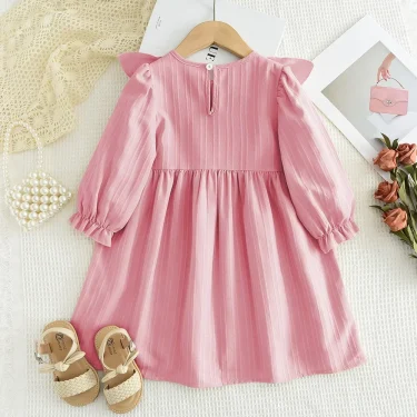 Plain Casual Girls Dress Autumn Long Sleeved Pleated Kids Dresses for Girls Pink Clothes Fashionable New Children's Clothing 2