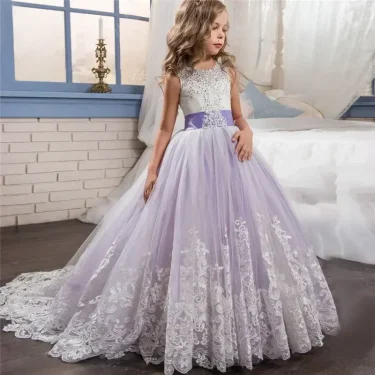 6-14 Years Lace Tulle Flower Girl Dresses Flower Bows Children First Communion Ball Gown Wedding Party Bridesmaid Dress for Kids 6