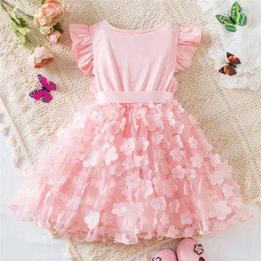 New Summer Dress for Baby Girls 2-6 Years 3D Butterfly Fly Sleeves Kids Birthday Princess Dress Elegant Wedding Party Dress 6