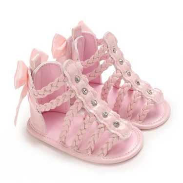 Summer Roman Sandals Open Toe Woven Solid Color High Cut Minimalist Rivet Girl Baby Fashion Flat Sandals 0-18 First Walking Shoe 4