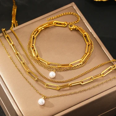 Stainless Steel Jewelry Set Elegant Delicate Pearl Pendant Jewelry Set Luxury Multi-Layer Chain Jewelry Set For Women Jewelry 5