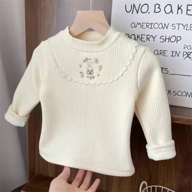 1pcs Children's T-Shirts Cartoon Embroidery Velvet warm top Kids Half High Collar Long Sleeve Base Shirt Girls Tshirts Clothes 4