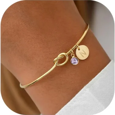 Initial Birthstone 14K Gold Plated Bracelets for Women Bridesmaid Proposal Gift Love Knot Cuff Bangle Bracelet Birthday Gifts 2