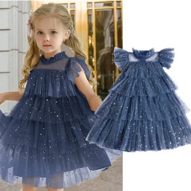 Girls Ruffles Dress Summer Sequin Costume Princess Wedding Dresses Girls Party Mesh Layers Cake Dress 3-8Y Children Casual Dress 1