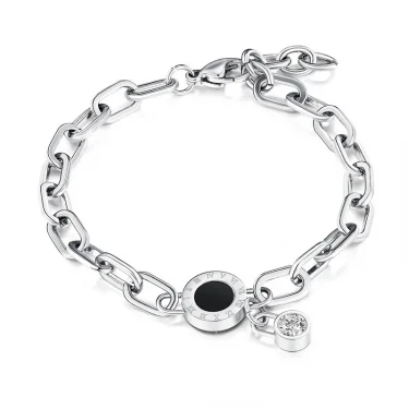 316L Stainless Steel New Fashion Upscale Jewelry Black Shell Round Roman Numerals Zircon Charm Thick Chain Bracelets For Women 6