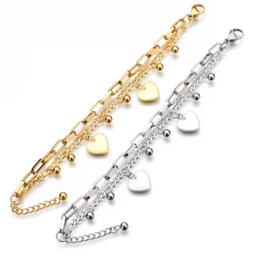 316L Stainless Steel New Fashion Upscale Jewelry Bohemia 2 Layer Ball Lovers Love Heart Charm Thick Chain Bracelet For women 5